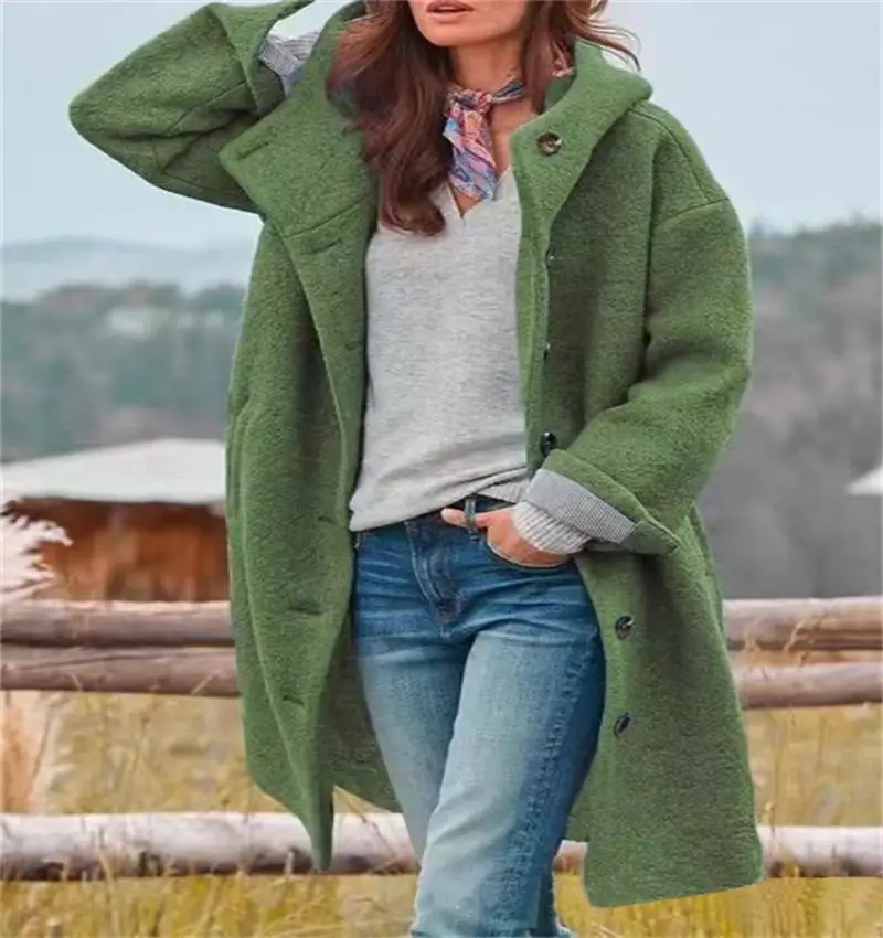 

2024 Autumn and Winter Hot Selling Style Womens Popular Long Sleeve Long Hooded Tweed Casual Wind Loose Coat Clothes Winter Coat