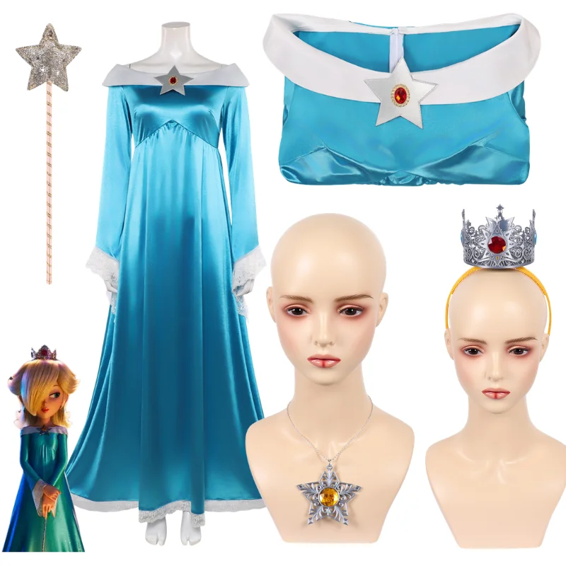 2026 Anime Film Princess Rosalina Cosplay Costume Blue Dress With Magic Wand Necklace Crown Halloween Carnival party
