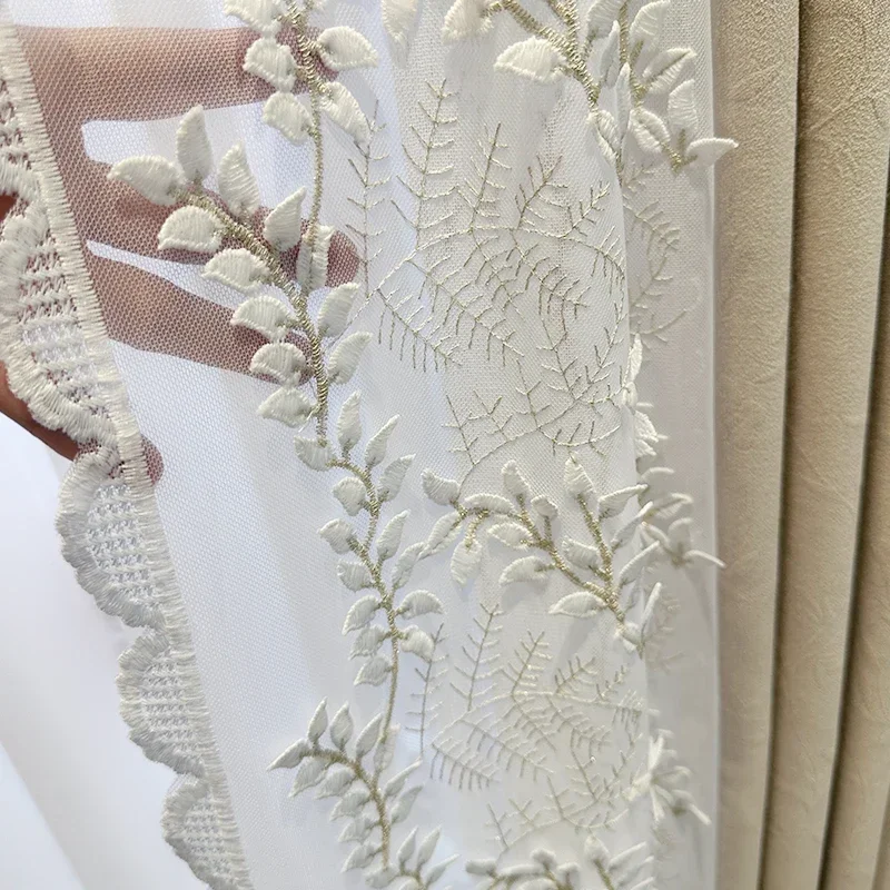 New Customized Villa Milk Tea Color Embossed Jacquard Chenille Lace Stitching Curtains For Living Room Bedroom Finished Product