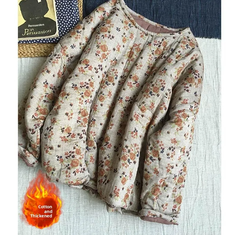 

Thiened Floral Print Sweatirt Hooded Cotton Jaet Women's Winter Coat round Ne Cotton Clothes Inner Warm Ethnic Sle