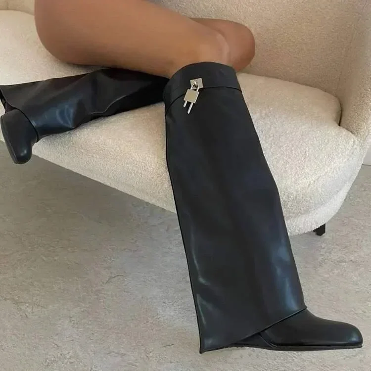 Women\'s Autumn and Winter New Knee High Boots, Fashionable Thick Soled Sloping High-heeled Women\'s Knee High Leather Boots