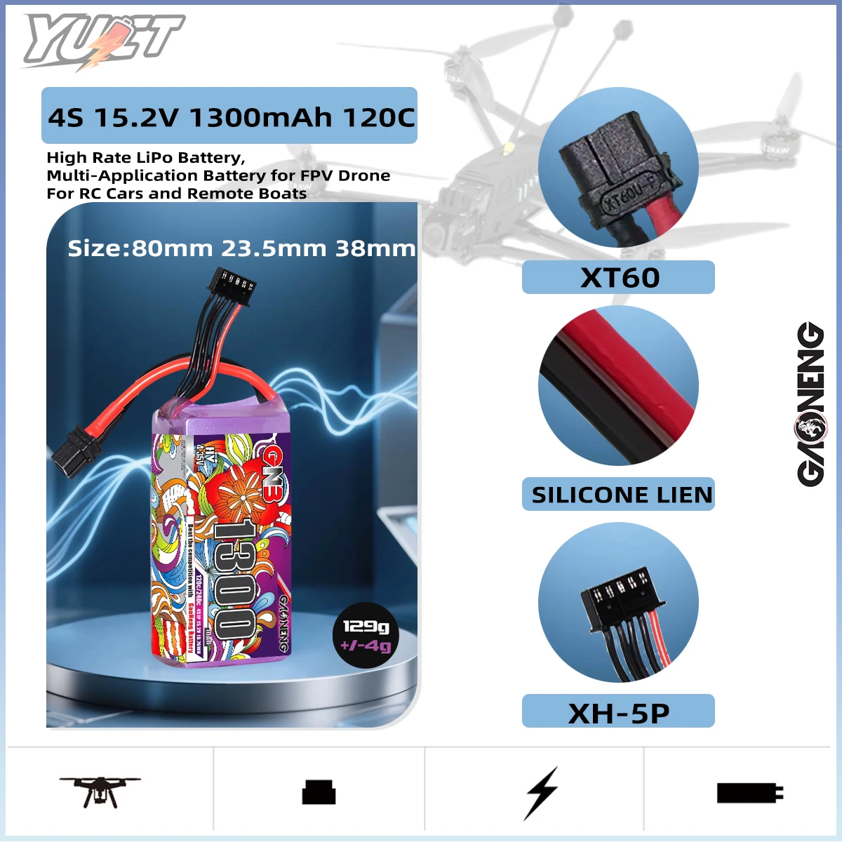 

YUCT GNB 4S XT60 LiHV 15.2V 1300mAh 120C/Max240C LiPo Battery For RC FPV Drone Quadcopter Airplane Helicopter Racing Part Hobby