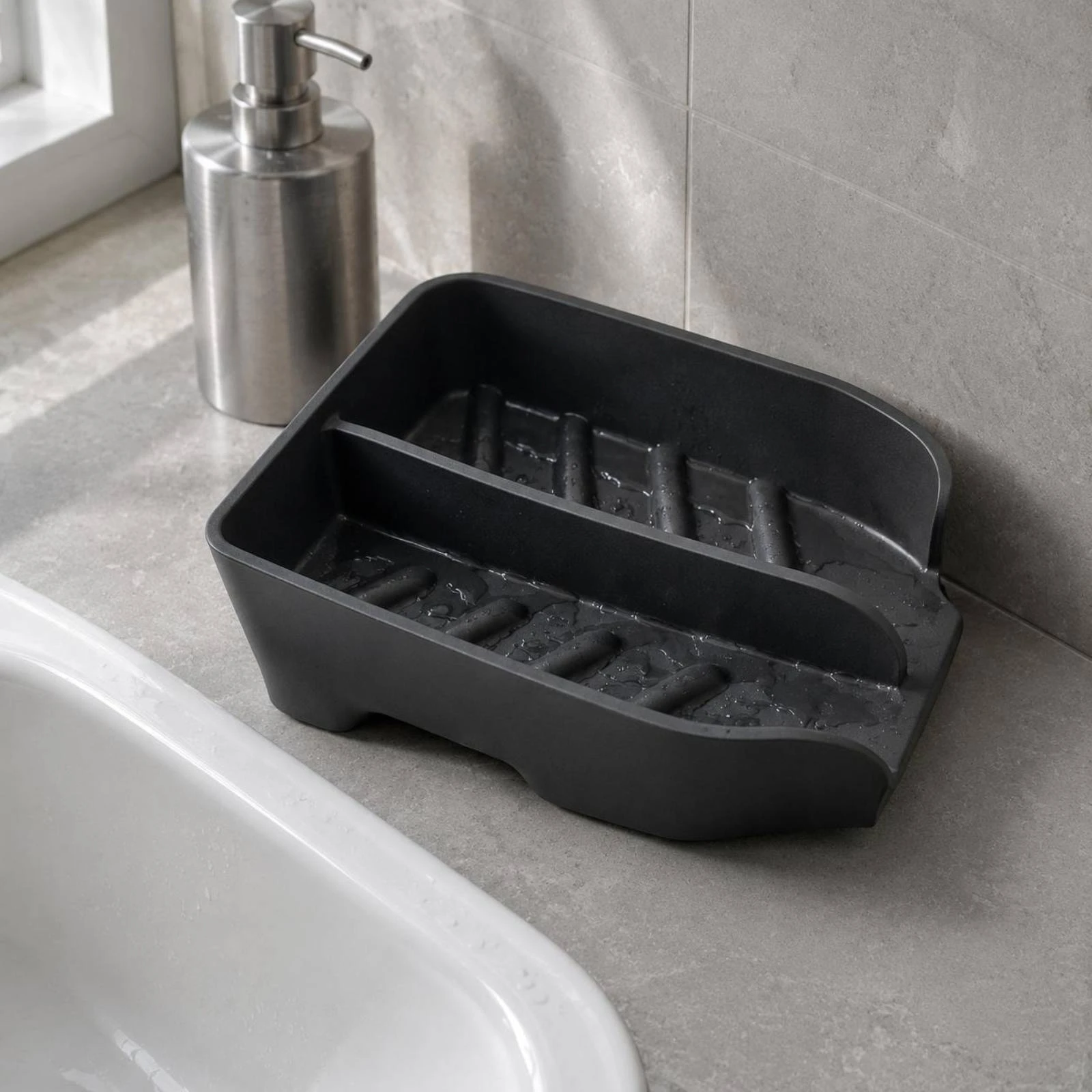 

Countertop Drain Rack Divided Compartments Silicone Drain Rack Utensil Holder Sloped Base Home Storage Ribbed Interior