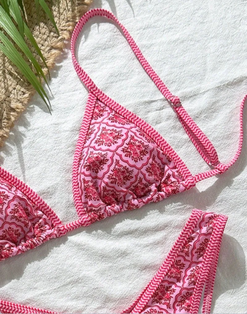 مثير الوردي زهرة طباعة البيكينيات مجموعات قطعتين biquini ثونغ ملابس السباحة conjunto دي بيكيني Tankini بحر تريكيني