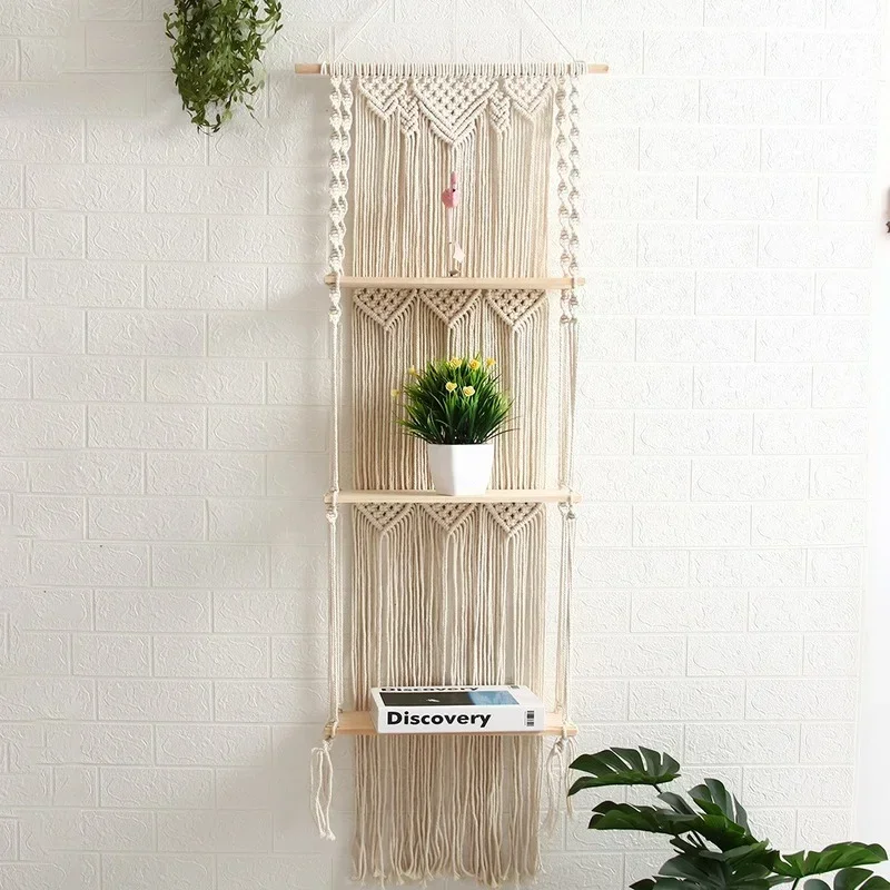 Boho Macrame mensola sospesa a parete 3 livelli tessuti fatti a mano Tel Organizer in legno scaffali appendiabiti galleggiante da parete per la decorazione domestica