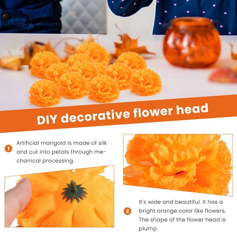 3.9Inch Marigold Flowers Artificial Day Of The Dead Flower 50Pcs Fake Marigold Flowers Head For Marigold Garland Making