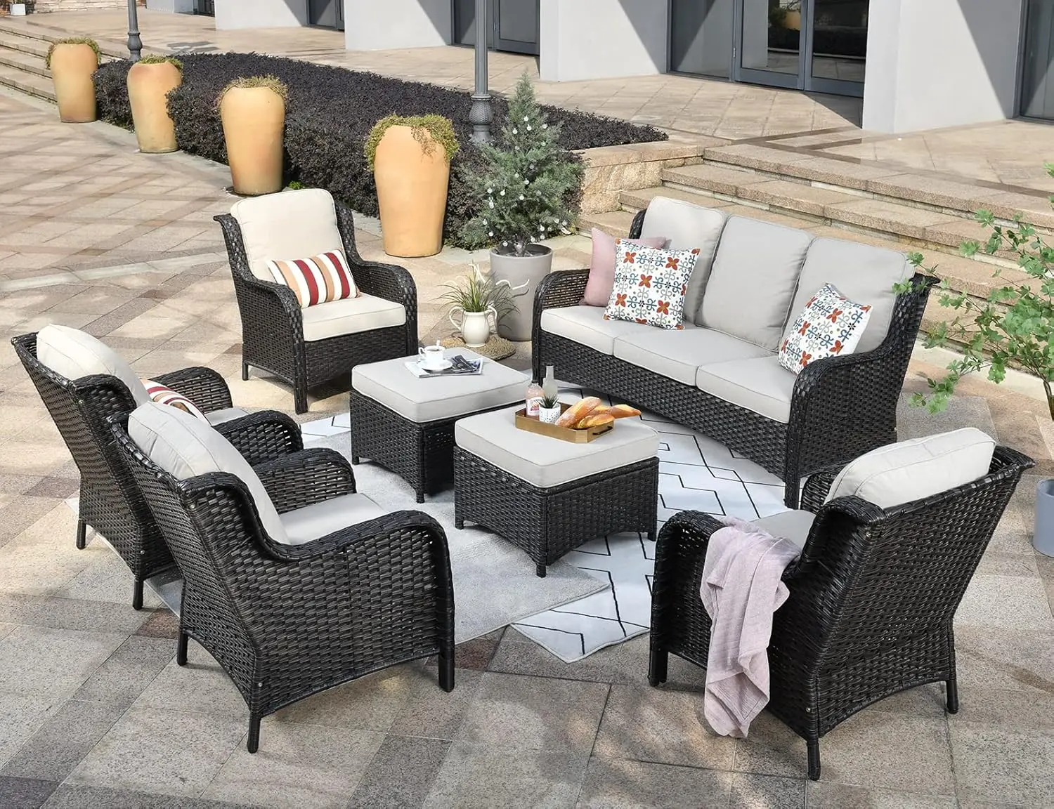 

7 Pieces All Weather Wicker Patio Conversation with High Back Sofa Sectional and 2 Ottomans for Garden,Backyard and Deck