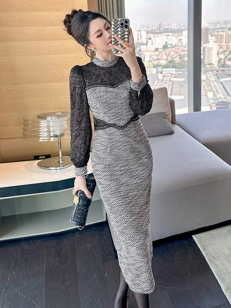 

Women Elegant Black Sequin Lace Long Sleeve Slim Midi Pencil Dress Daily Work Office Formal Party Vestido Lady Casual Robe New
