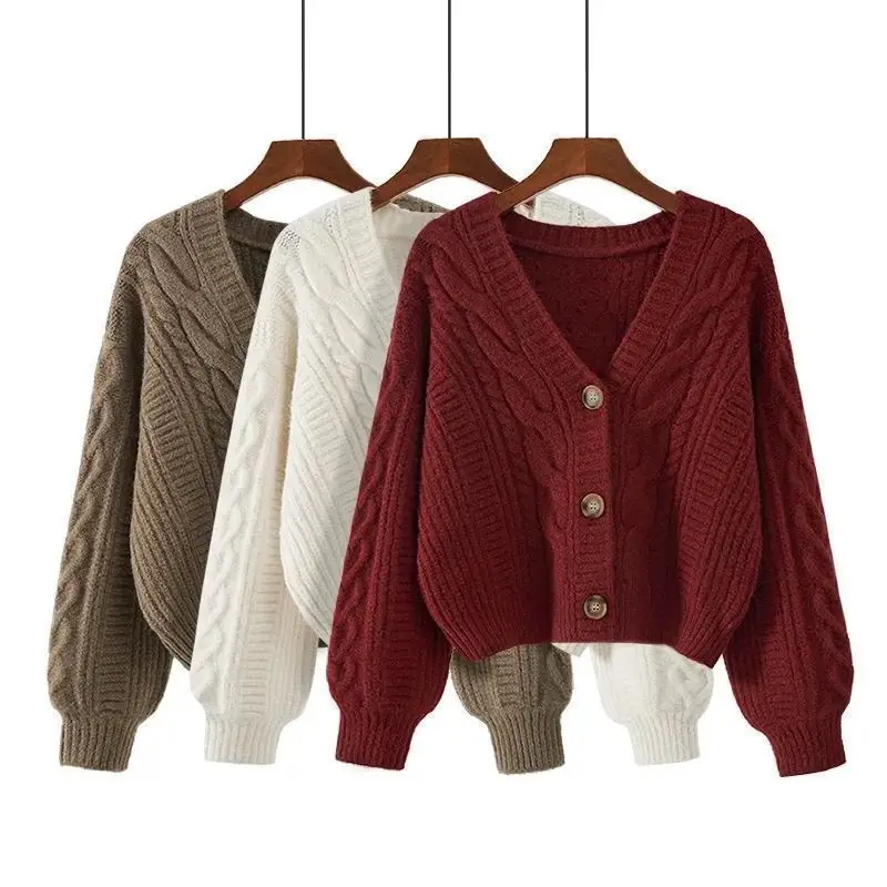 Loose Women's V Neck Cardigan Autumn Winter Outerwear Korean Style Short Warm Knitted Tops Thickened Long Sleeve Sweater Coat