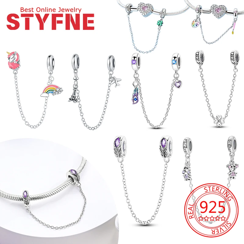 

Safety Chains Sterling Silver 925 Lucky Feather Rainbow Charms Fit Original Bracelets Beads for Women DIY Jewelry Making Gift