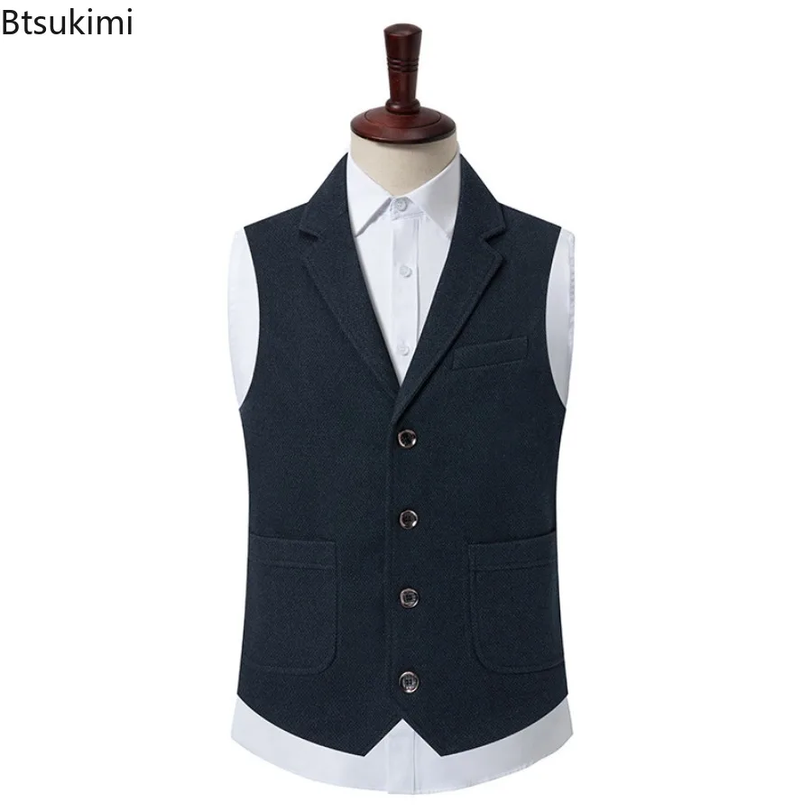 2024 Spring Autumn Vests for Men Casual Vest Jacket Wool V-neck Slim Solid Waistcoat Fashion Versatile Suit Vest Men's Clothes