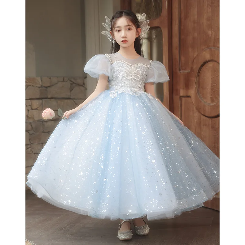 High end Girl Princess Dress Butterfly Pearl Beaded Blue 2024 Girl Wedding Dress Bridesmaid Children's Birthday Party Long Dress