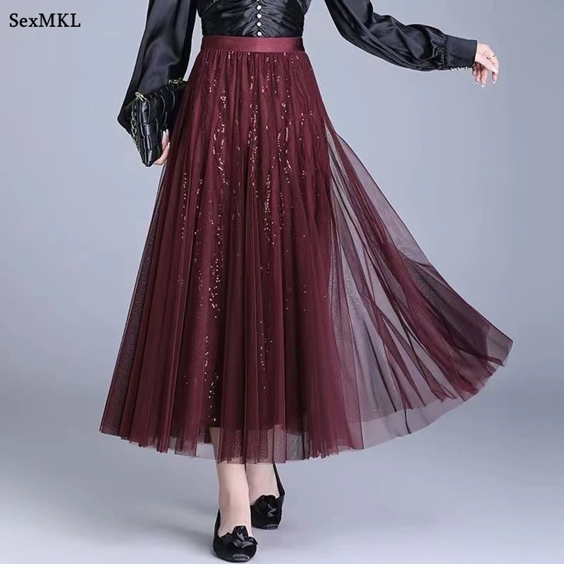 Elegante preto longo tule saias femininas casual cintura alta uma linha faldas largas coreano y2k roupas comprimento médio plissado saia alargamento