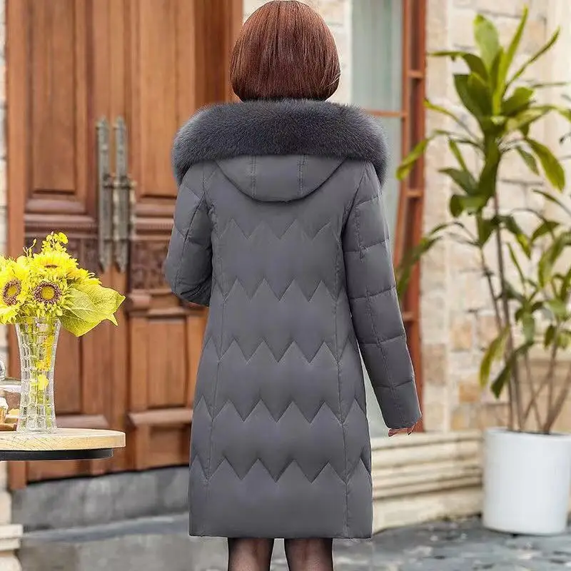 XL-5XL Middle Aged Mother Down Cotton-Padded Jacket Loose Hooded Fur Collar Coat Thicken Mid-Long Parkas Women Winter Clothes