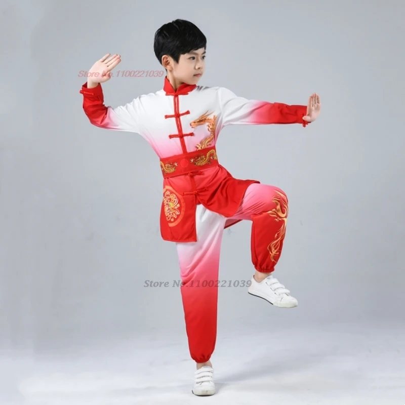 2025 chinês vintage crianças wushu kung fu conjunto dragão impressão gradiente cor wushu kung fu artes marciais treinamento exercício terno