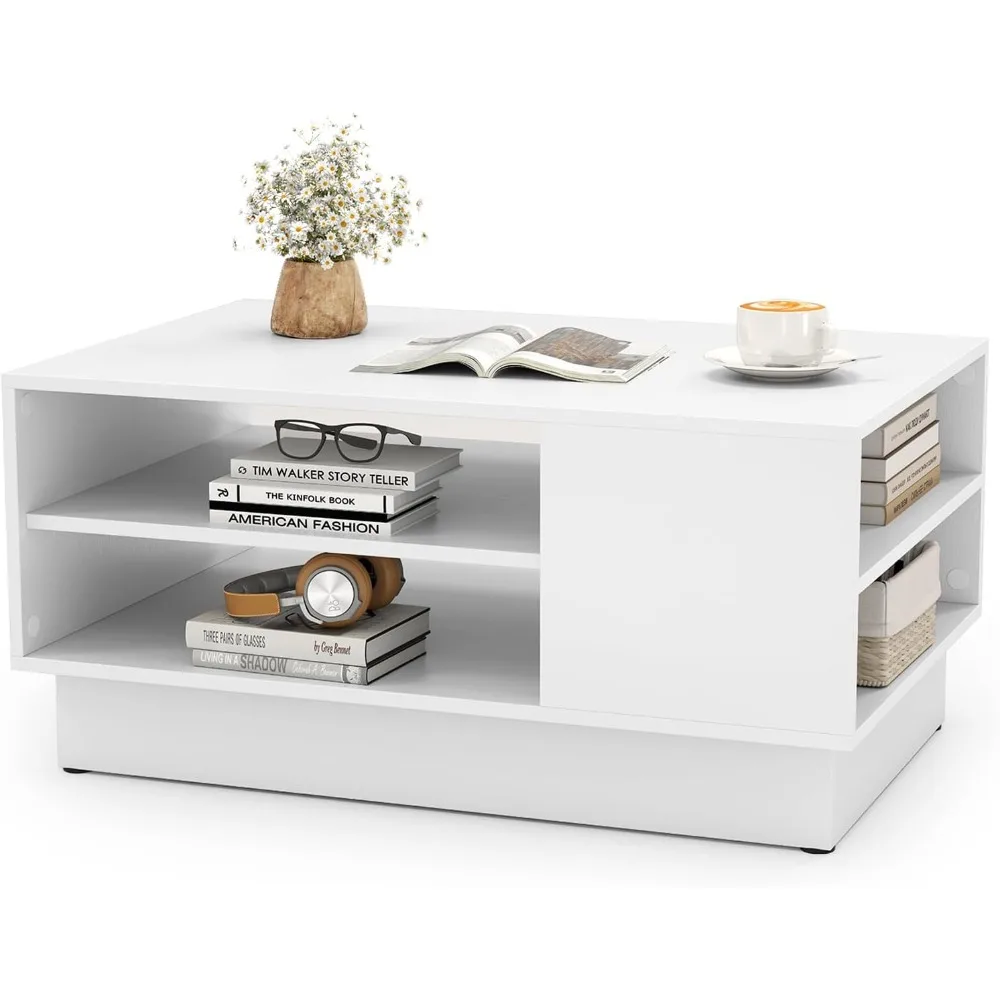 Modern Coffee Table with Storage, 34” Wooden Center Table with 2-Tier Open Storage Shelves, Open Side, Rectangular Tea T