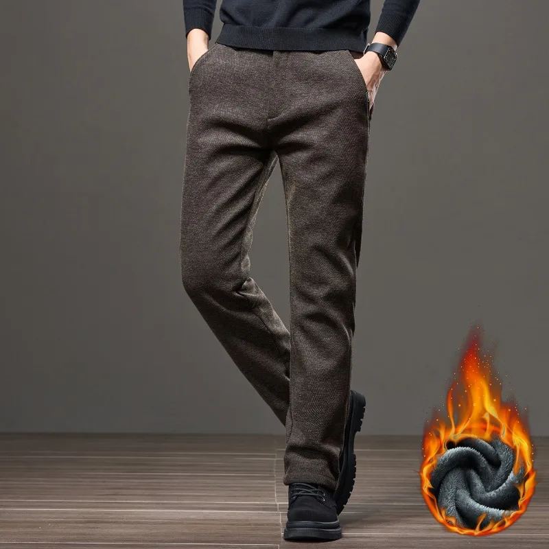 Pantalones informales de lana de chenilla para hombre, pantalones cómodos de marca de negocios de invierno, pantalones de felpa elásticos rectos de moda de terciopelo grueso