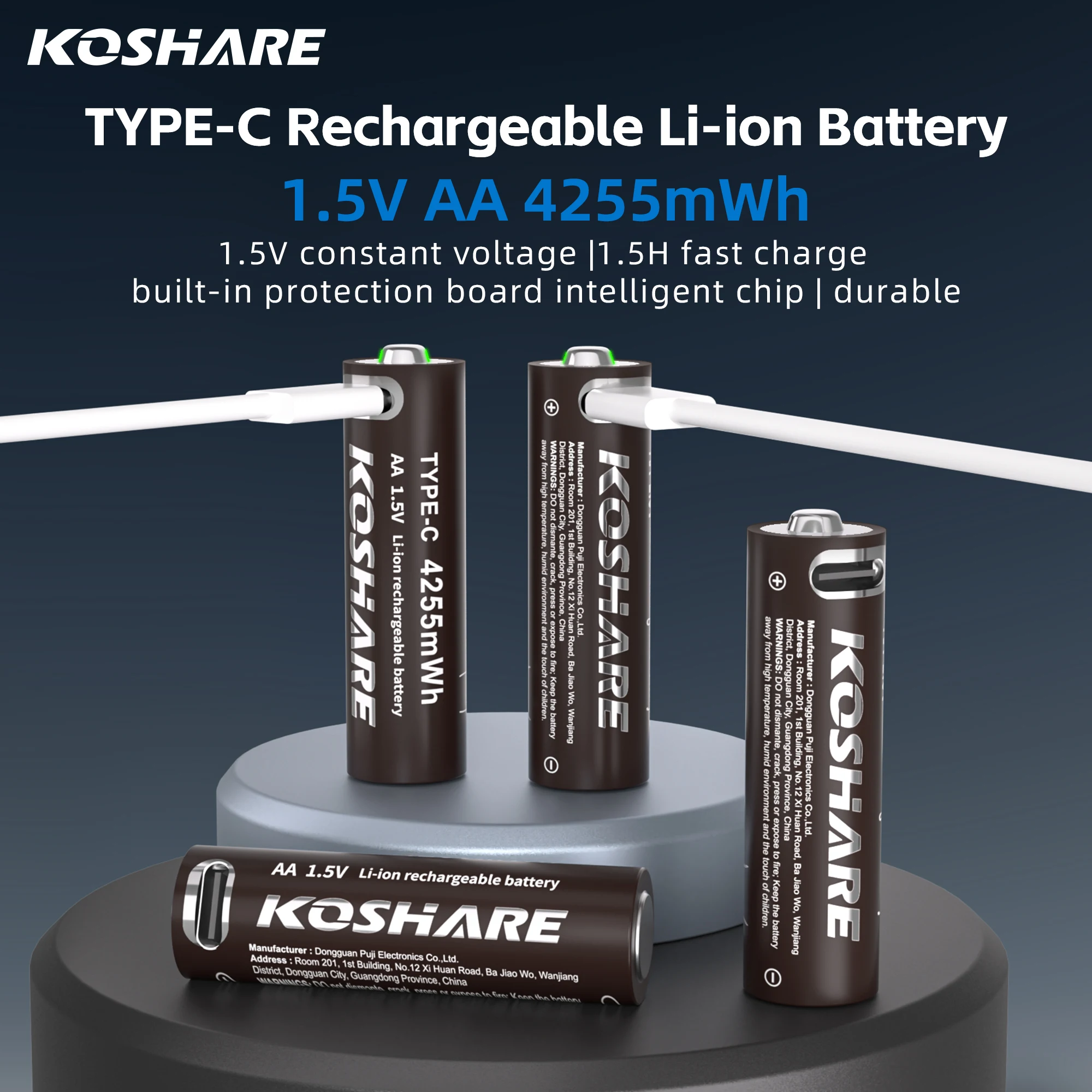 

KOSHARE 1.5V AA Lithium Battery 4255mWh Type-C USB-C Rechargeable for Remote Control Toys Smart Door Locks-Free Charger Included