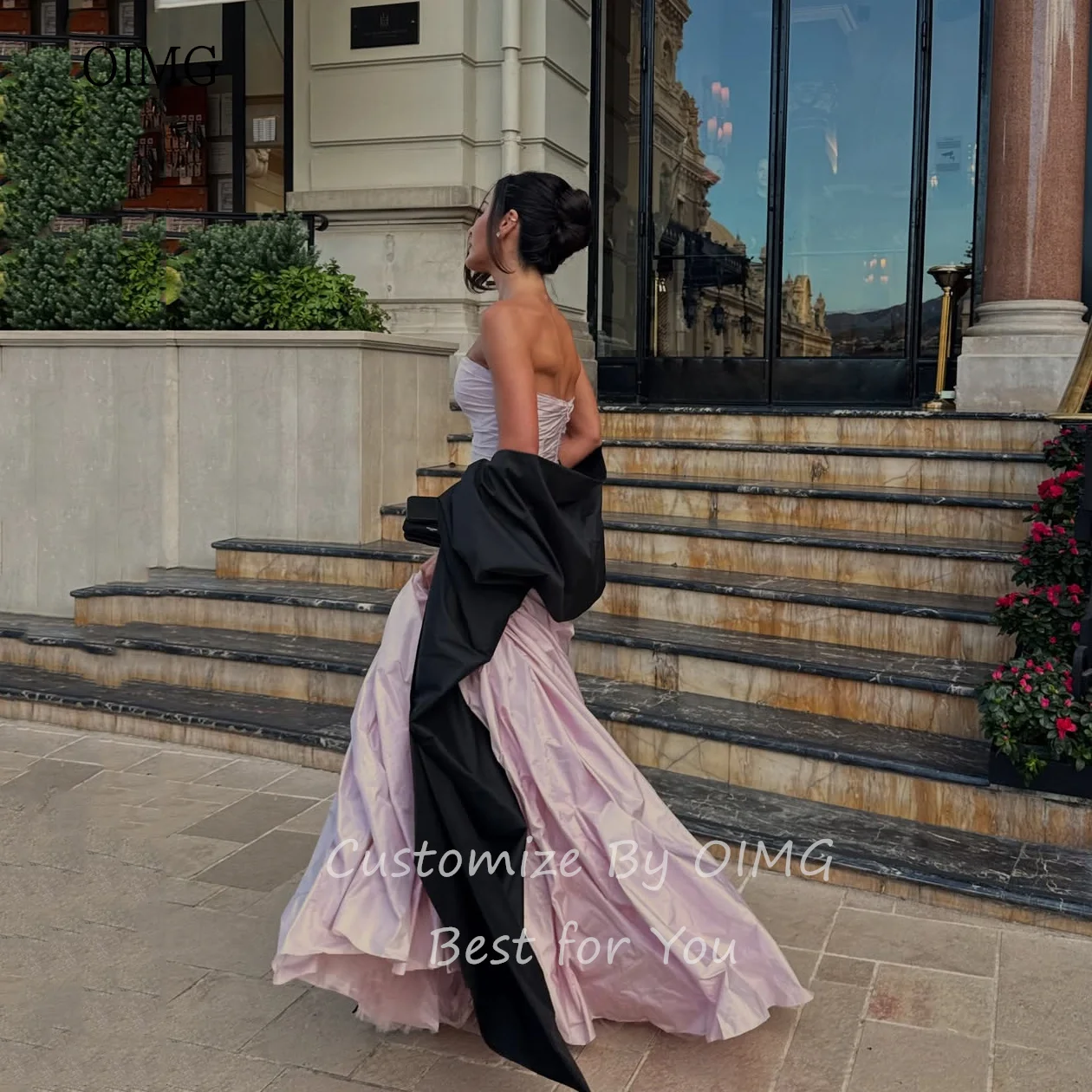 OIMG-vestidos de fiesta de corte A, color rosa, con escote en forma de corazón, sin espalda, chal, vestido de fiesta Formal, vestido de noche moderno hasta el suelo personalizado