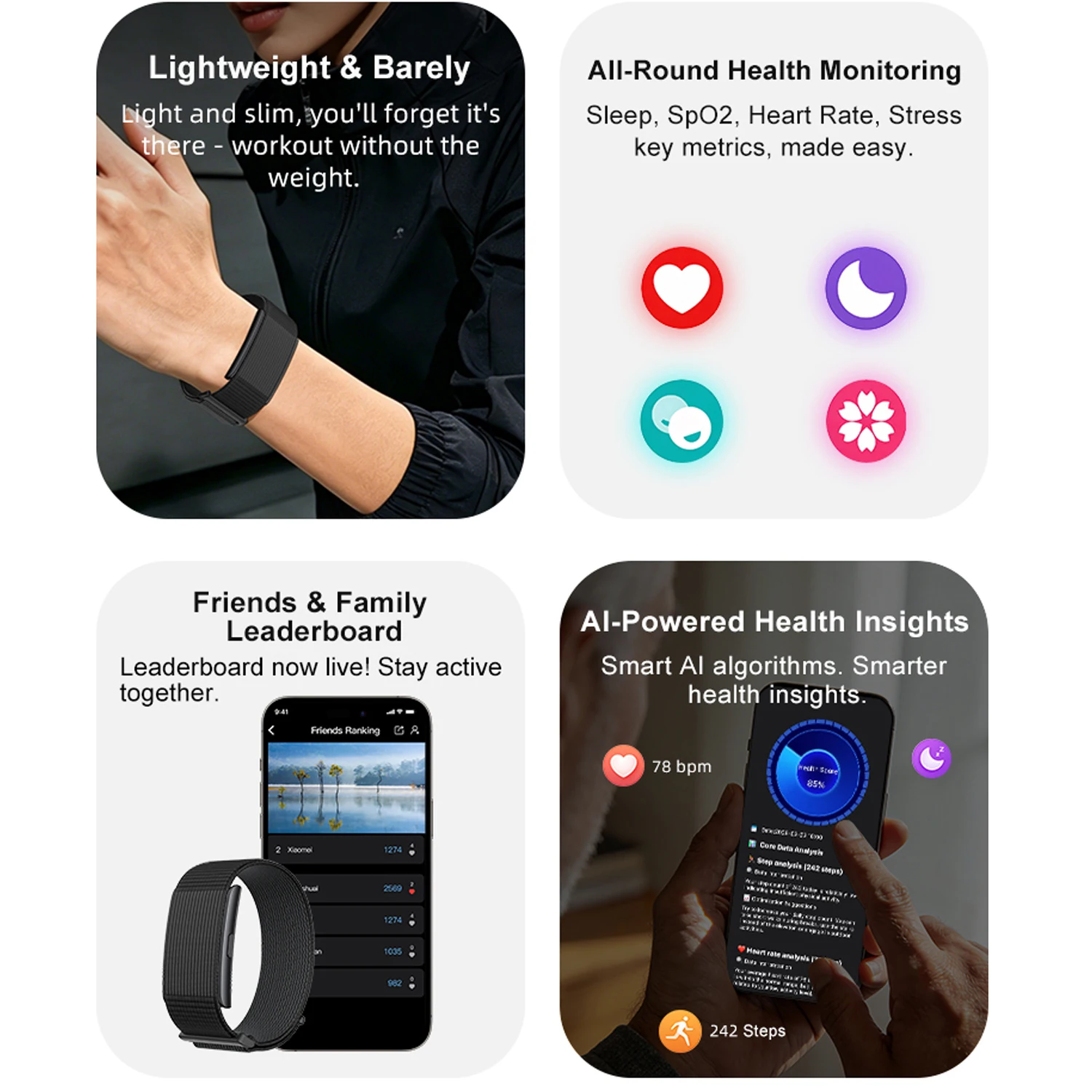 No Screen Sport Fitness Tracker Smart Bracelet Men Women With Heart Rate Sleep Monitor AI Analysis Multi Modes 5ATM Waterproof
