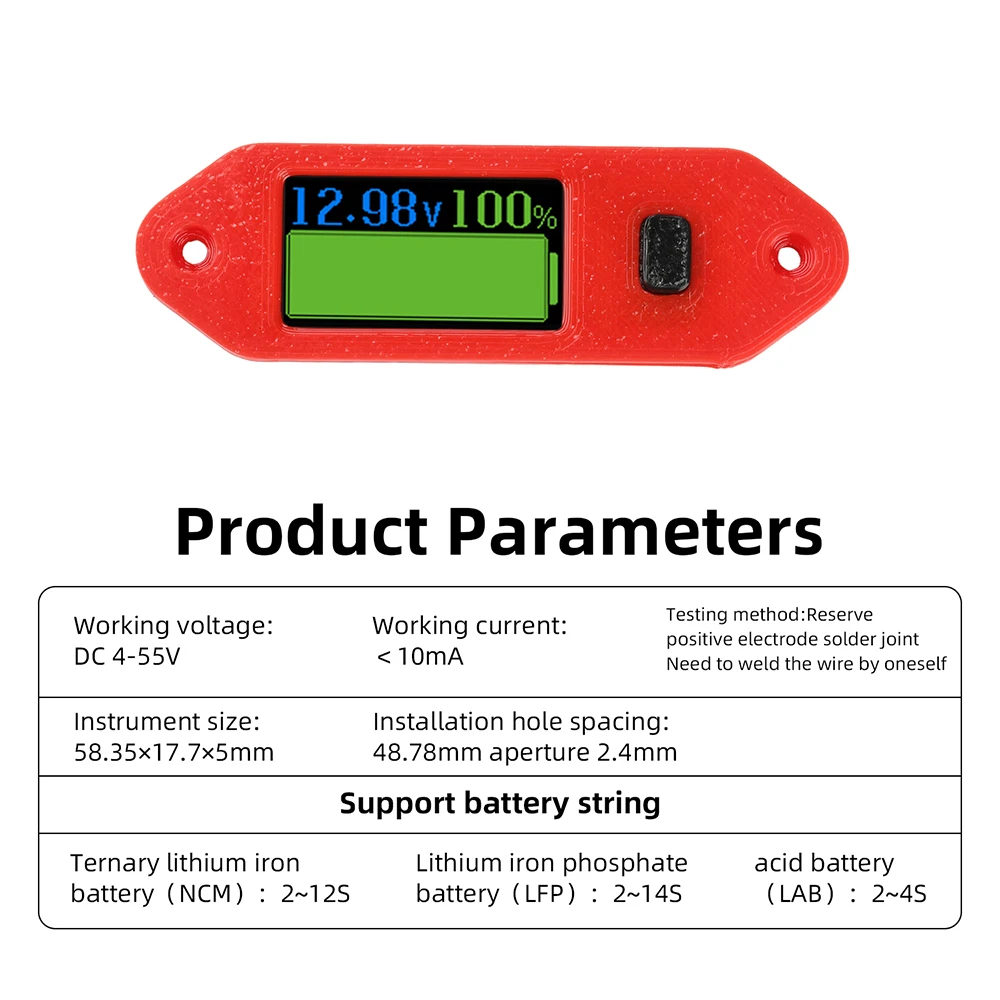 DC 4-55V Battery Indicator Voltage Capacity Percentage Meter Compatible with NCM LFP Lead Acid Battery for EV Power Storage