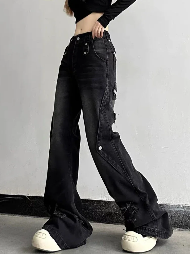 ADAgirl Korean Women Baggy Jeans Harajuku Fashion Star Patchwork Low Waist Boot Cut Denim Pants Y2k Causal Kpop Wide Leg Bottoms
