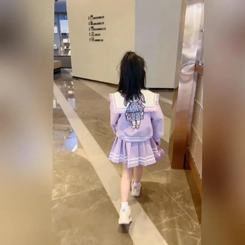 Girls\' Spring and autumn Korean version of foreign style princess style girl cartoon coat pleated skirt two-piece set