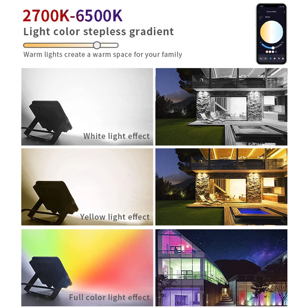 Outdoor RGBCW Smart Floodlight heeft 16 miljoen kleuren Instelbare kleurtemperatuur WIFI en draadloze connectiviteit voor terras