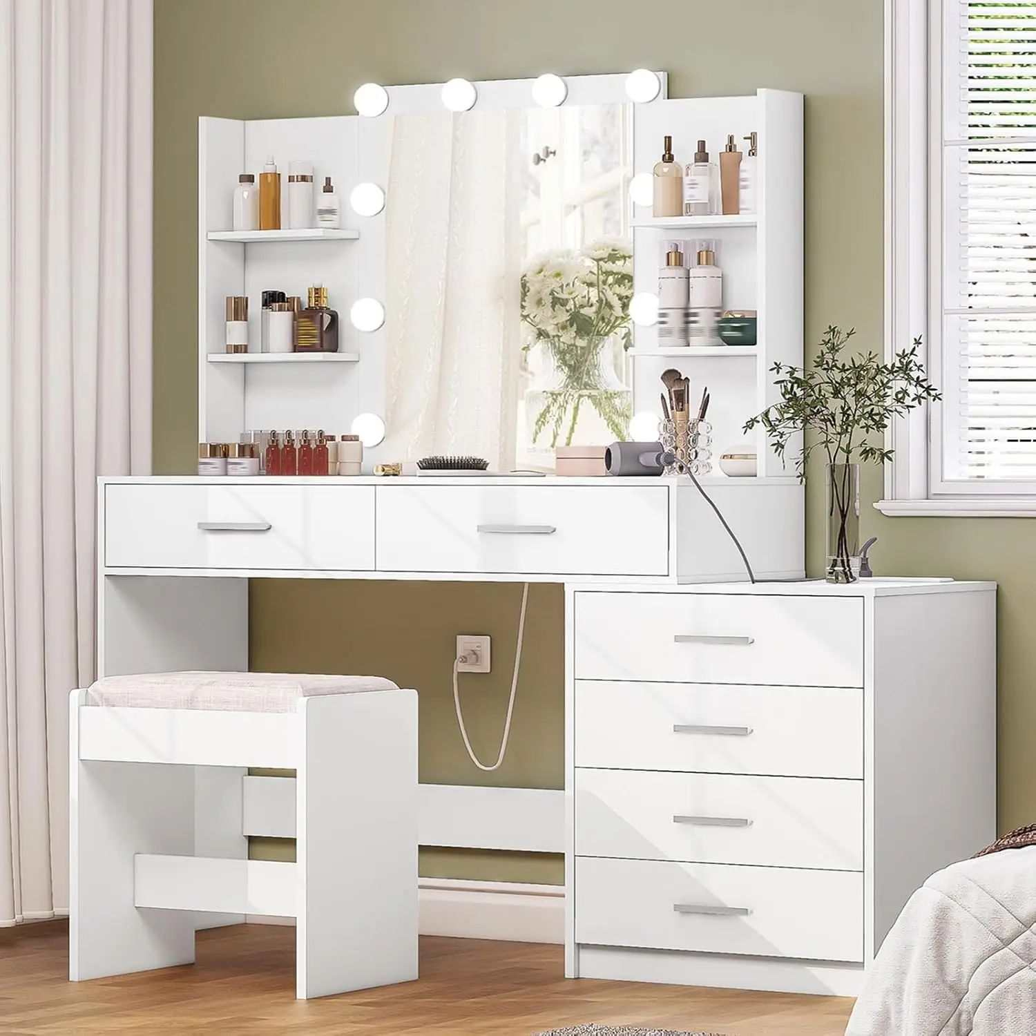 with Mirror & Lights, Makeup Vanity with 6 Drawers, 6 Open Shelves and Power Outlet, 48” Storage Makeup Vanity Desk with Stool