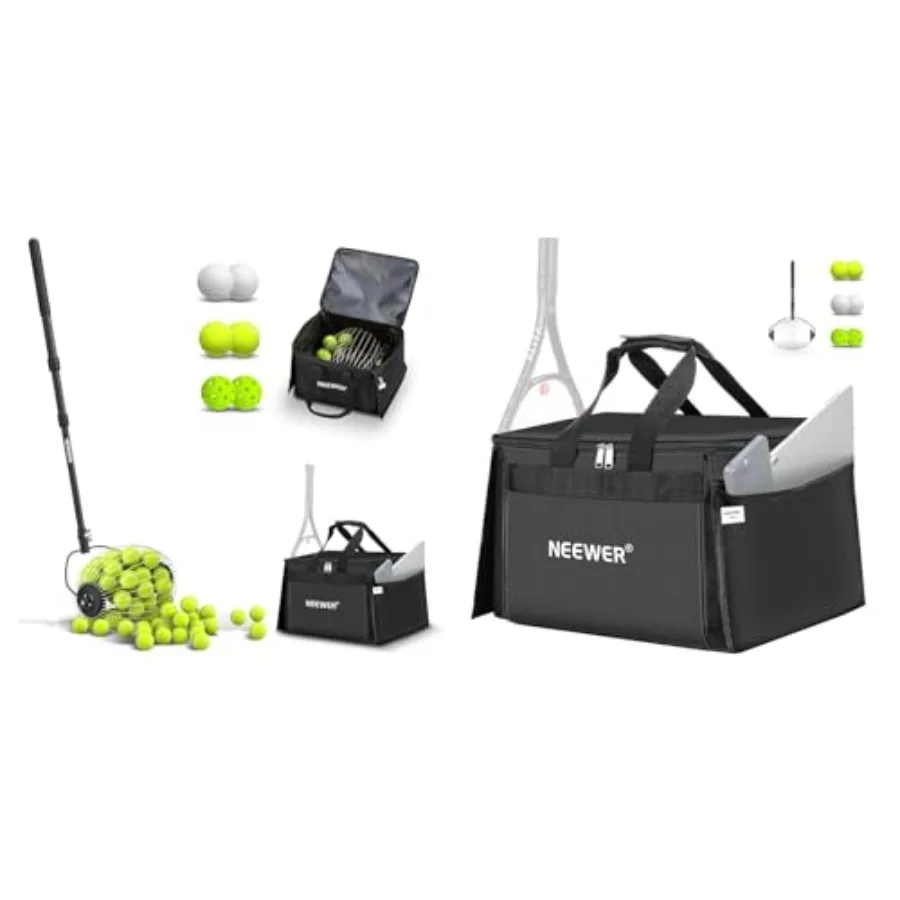 

Телескопический роликовый сборщик теннисных, гольф- и пиклбольных мячей с двумя сумками для переноски, сверхпрочный