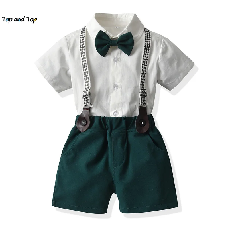 top and top Infant Baby Boys Casual Clothes Sets Toddler Boy Short Sleeve Shirt with Bowtie+Suspenders Shorts Gentleman Outfits