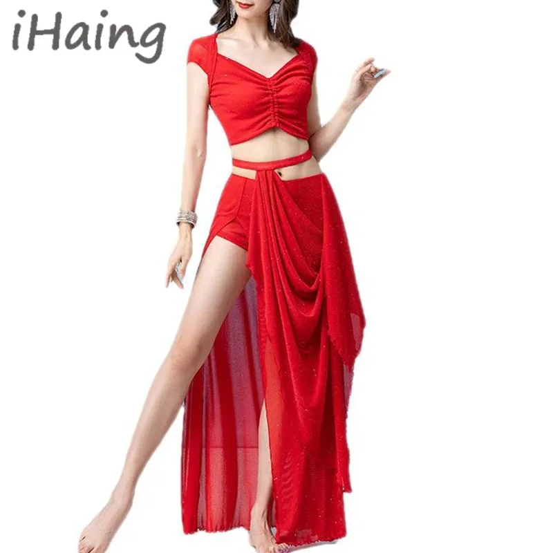 

Женский комплект из 2 предметов в восточном стиле для танца живота, комплект с разрезом и юбкой для взрослых, элегантный тренировочный костюм, женская одежда для выступлений на сцене, классная одежда