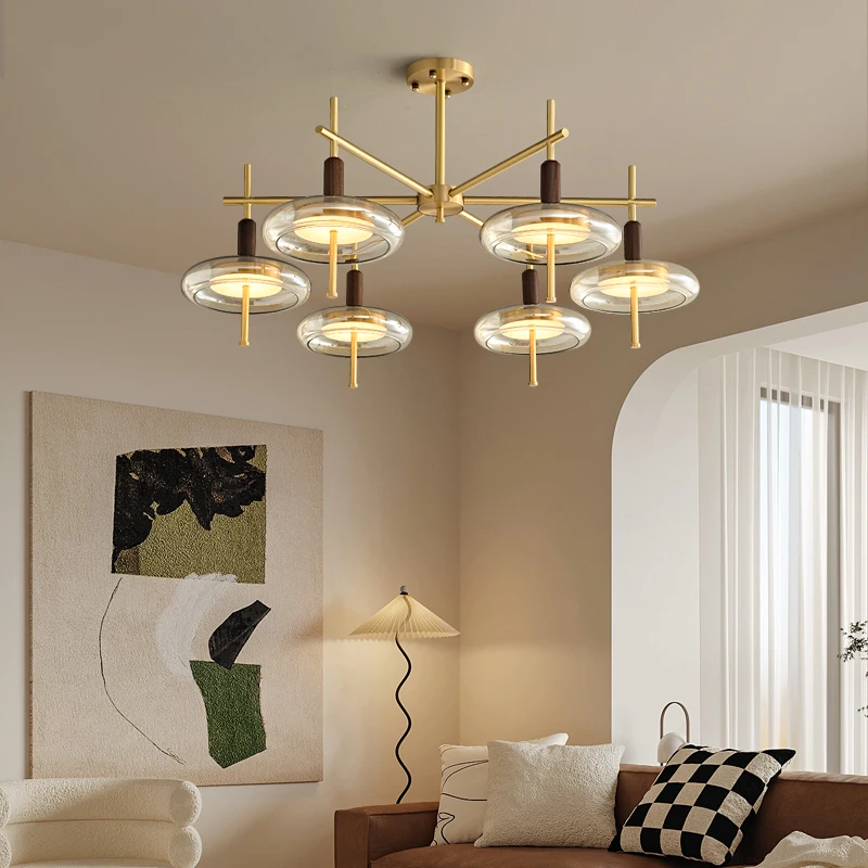 Minimalist living room, luxurious all copper LED chandelier, dining, bedroom, high-end walnut wood glass ceiling light