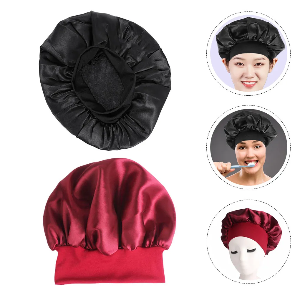 2Pcs Supple Polyester Women Sleep Hats Anti-Slip Wide Brim Bonnets for Hair Protection Bathing Face Washing Sleeping