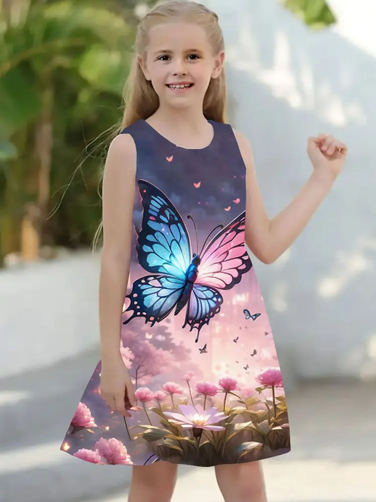 Summer Princess Dress For Girls 2024 Kids Clothes Sleeveless O-neck Butterfly Floral 3D Print Party Dresses 2 To 8 Years