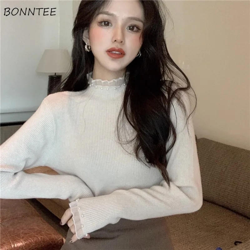 

Knitted Pullovers Women Slim Mock Neck Lace Patchwork Elegant Korean Fashion Clothes Y2k Sweater All-match Basic Ulzzang Chic