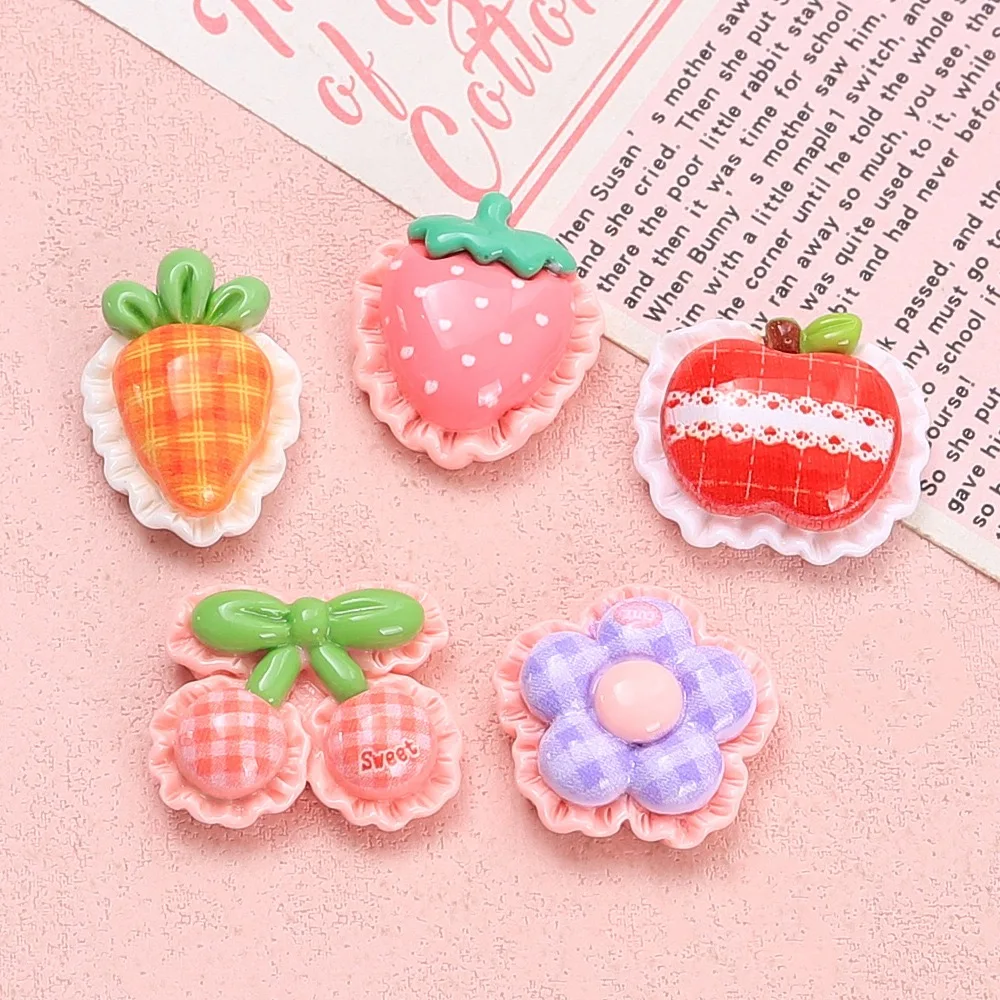 Fruit Resin Cabochon 20pcs Lace Flower Cherry Apple Button for DIY Decoration Accessories Wholesale Ornament Bulk Supplier