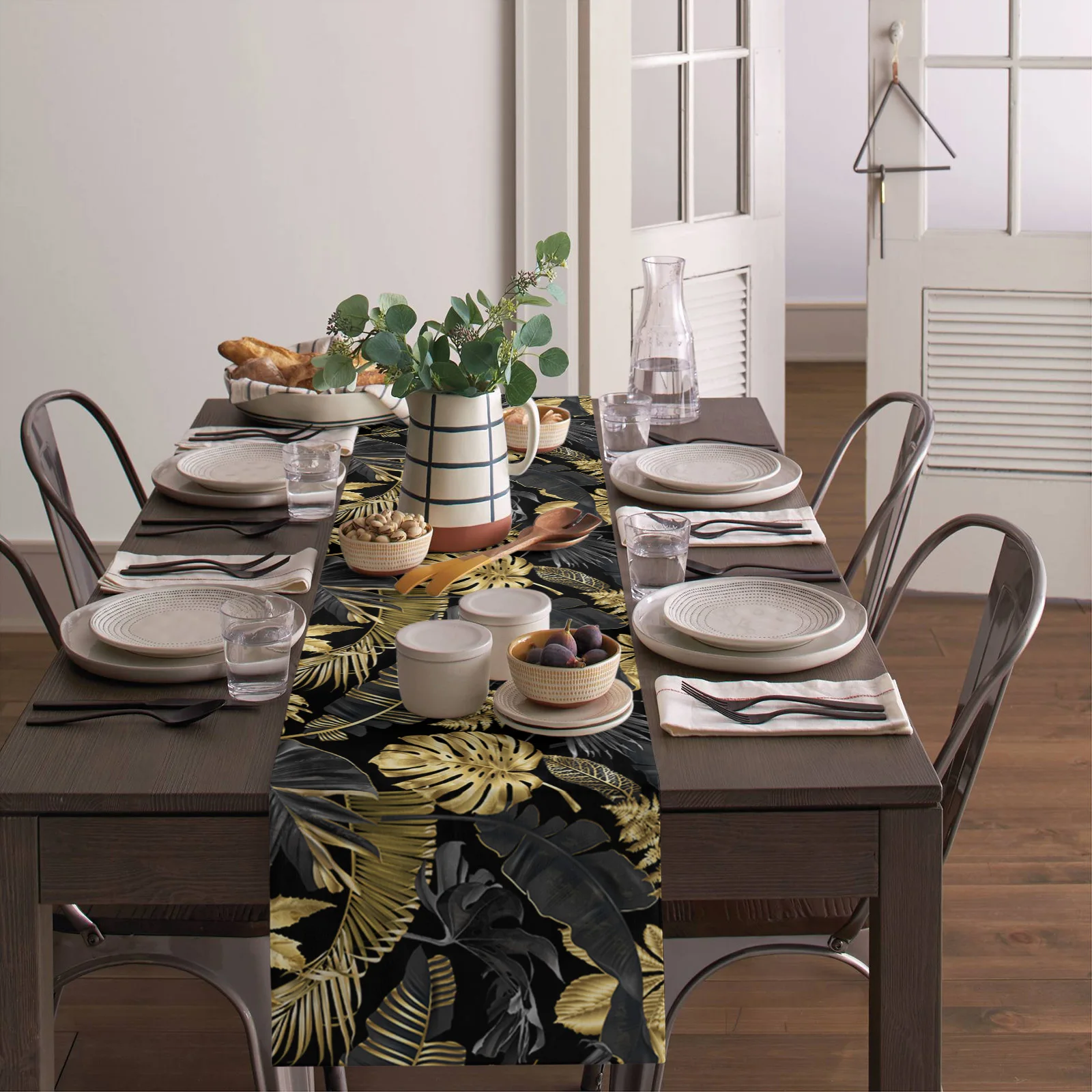 Golden Leaves Black Background Linen Table Runners Kitchen Decoration Washable Farmhouse Wedding Party Decor