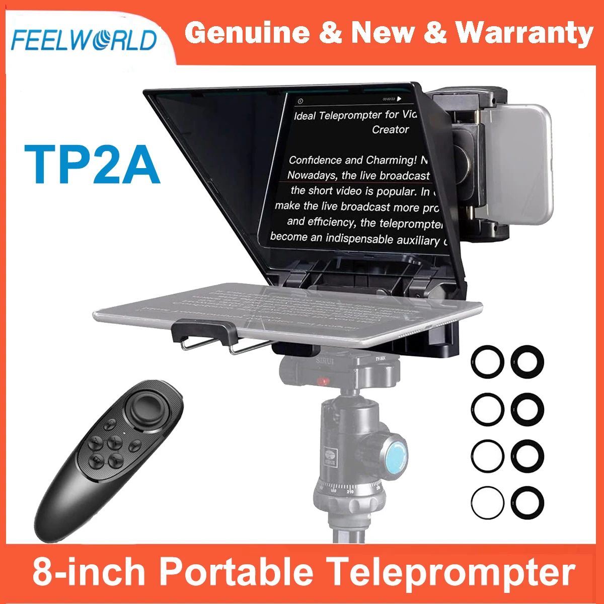 

8-дюймовый портативный телесуфлер FEELWORLD TP2A поддерживает съемку смартфонов/DSLR диаметром до 8 дюймов с переходными кольцами для объектива управления Bluetooth