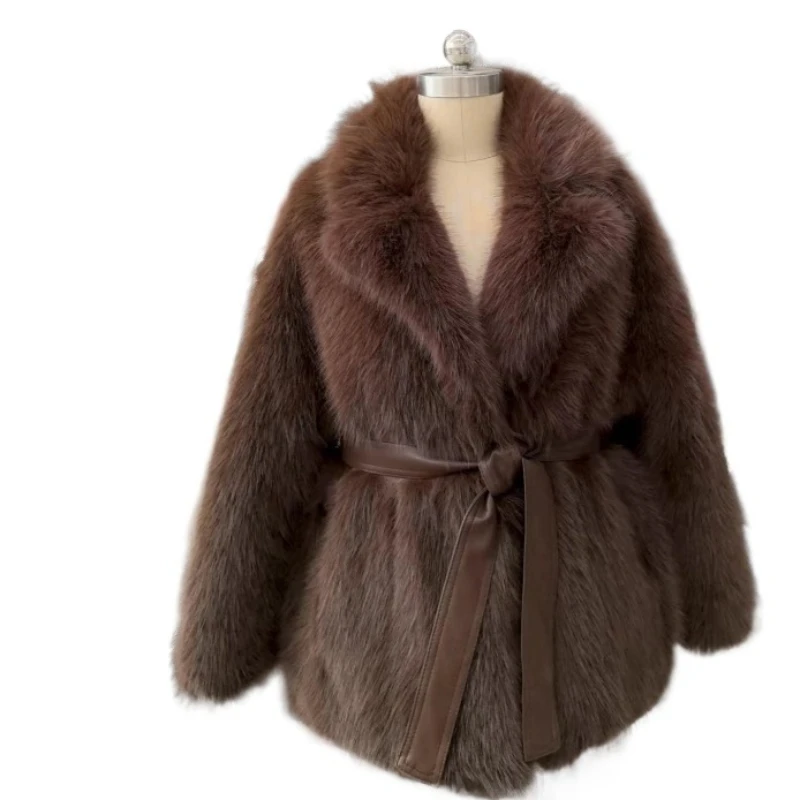 Women's Clothing Thick and Warm Autumn Winter copy Fox Fur Coat Belt Fashionable Plush Simple Warm Jackek Hot-selling Fur Coat