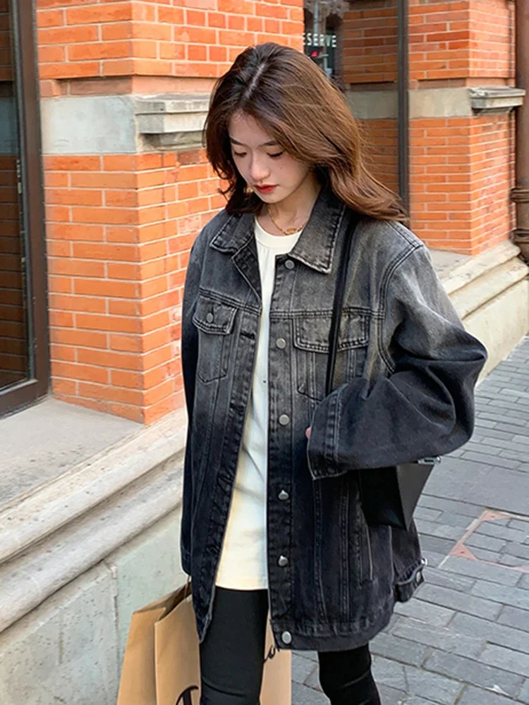 

Black Gradation Denim Jacket Loose Fit New Lapel Long Sleeve Women Quilted Coat Fashion Tide Spring Autumn 2024 30A1332