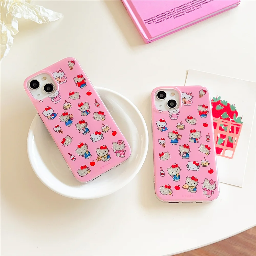 Luxury happy birthday Cute Hello Kitty 3D Bling Glitter Protect Phone Case For iPhone 13 15 Pro Max 14 12 Cartoon Cover