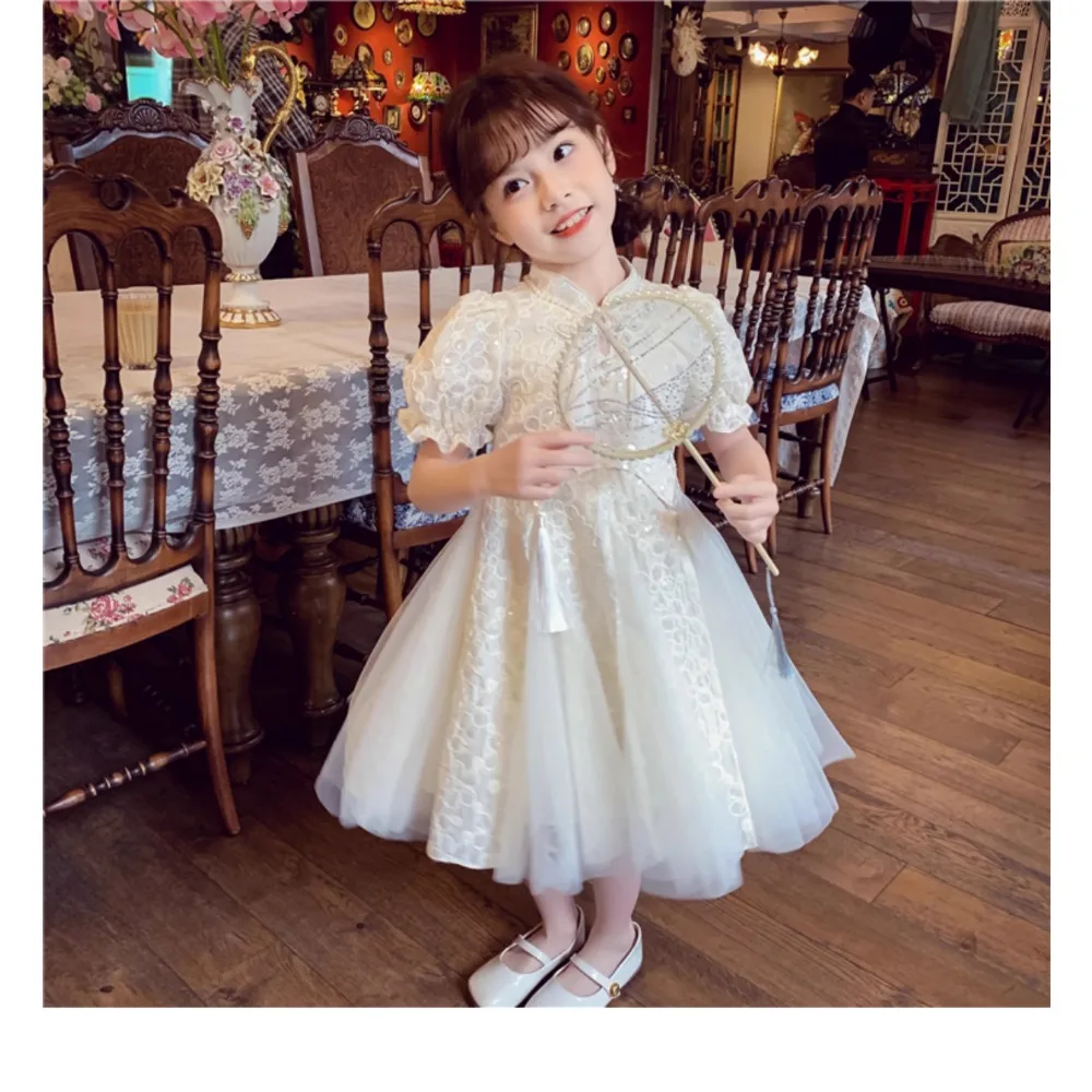 MOWEI Mädchen Kleid Neue Kinder Sommer Kleid 2023 Neue Stil Mädchen Cheongsam Blase Hülse Mesh Prinzessin Kleid