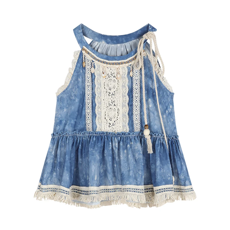 High Quality Hot Selling Bohemian Set Blue Tie Dye Camisole Top Lace Skirt Temperament Vacation Two-piece Set Vintage Harajuku