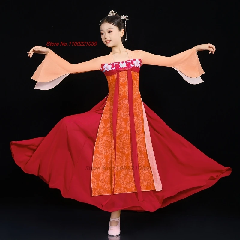 

2026 китайский винтажный детский танцевальный костюм, шифоновые топы с цветочным принтом + юбка, традиционное танцевальное платье для выступлений на сцене