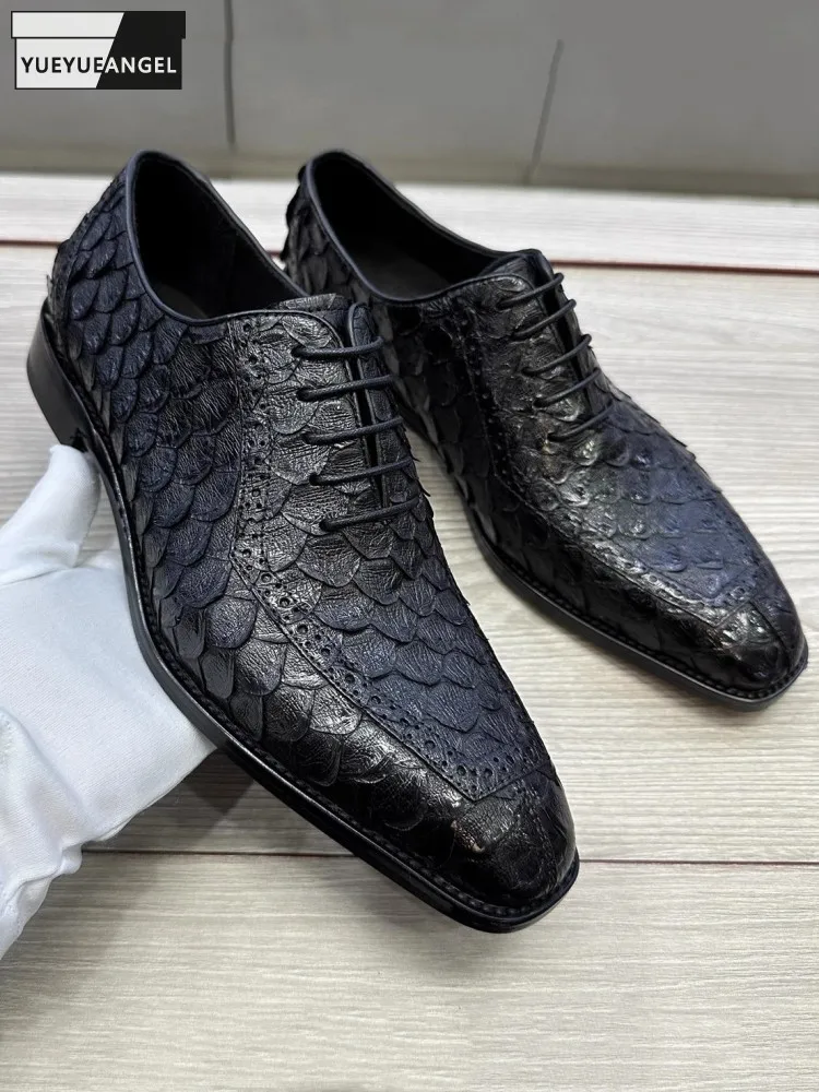 Business Casual Genuine Leather Dress Shoes Men Luxury Snake Skin Italian Style Derby Shoes Office Men Pointed Toe Formal Shoes