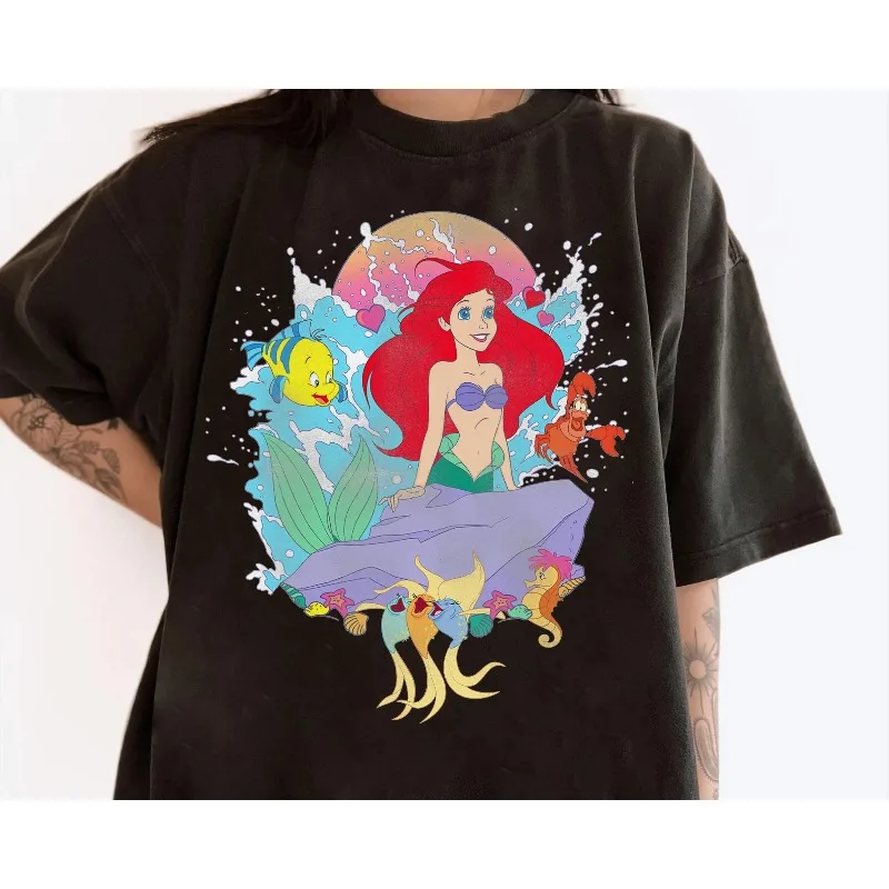 ديزني ارييل الأميرة ليتل ميرميد ارييل رذاذ المرأة القطن تي شيرت جديد الرجال والنساء ملابس عادية موضة الشارع #3