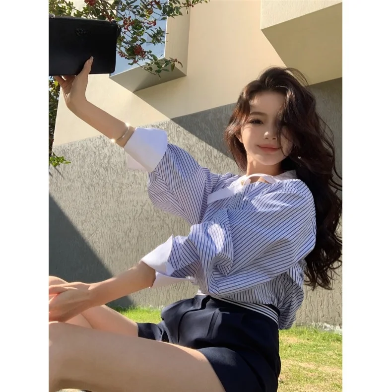 

Blue Striped Women's irt oulder Design Spring Autumn Inner Wear Sweet Sle Loose Fit Long Sve Button Closure