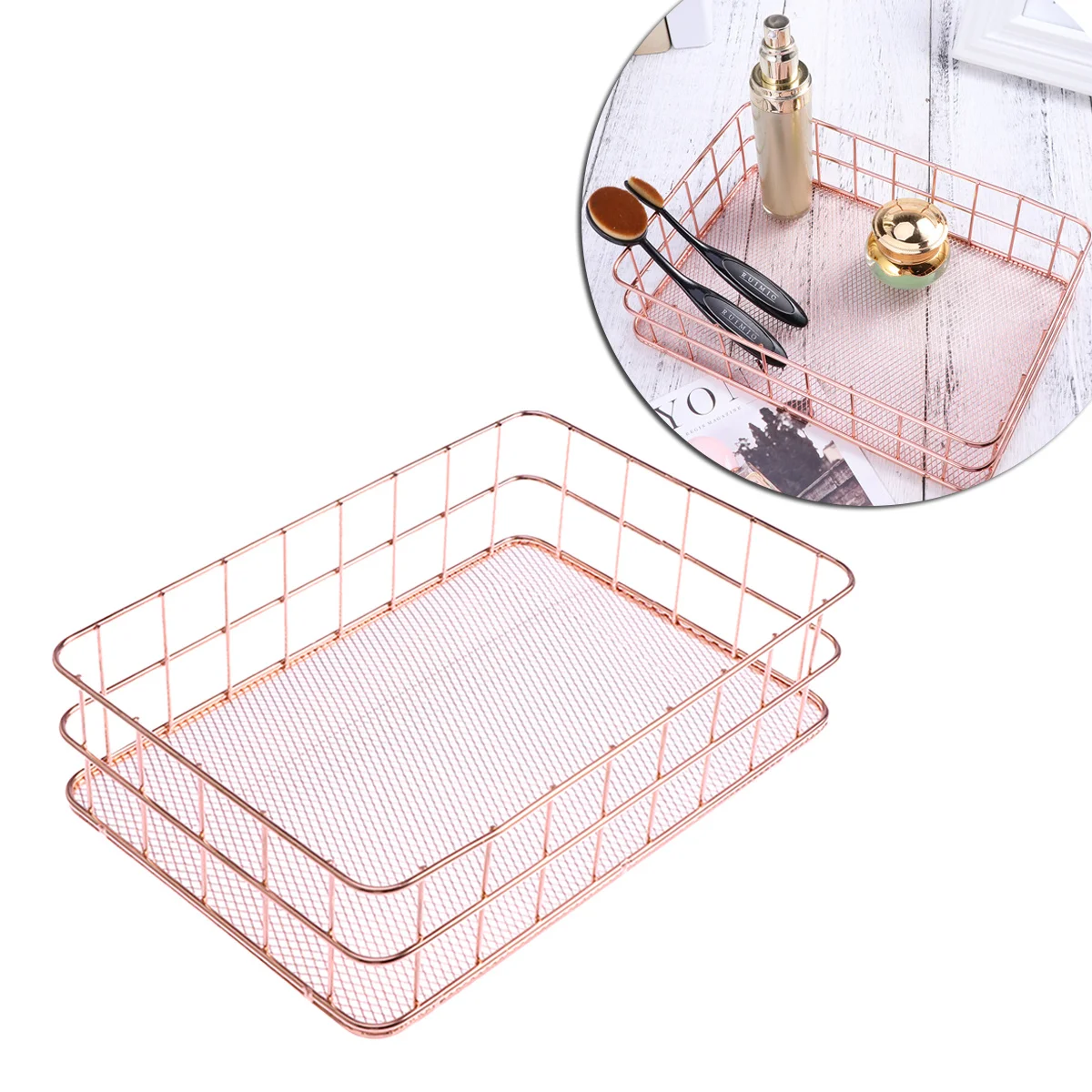 سلة شبكية حديدية كبيرة 24.5X16X6.5 سم منظم سطح المكتب باللون الذهبي الوردي لفرش المكياج وأقلام النظارات الشمسية رف تخزين معدني للمنزل #6