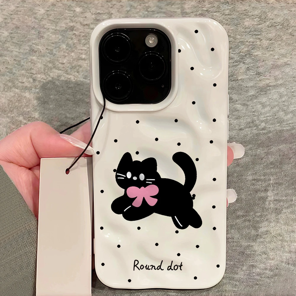 Polka Dot Niedliche Kätzchen-Druck Handyhülle für iPhone 17 16 15 14 13 12 11 Pro Max 14 Plus 17Air Falten-Wellen Weiche Silikonhülle – Detail 12